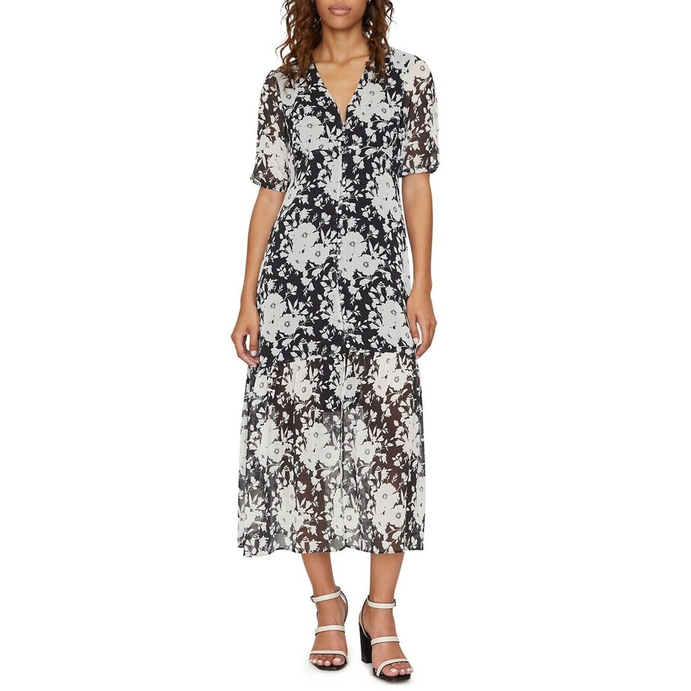 SANCTUARY Womens Black Tie Floral Button Short Sleeve V Neck Midi A-Line Dress 8
